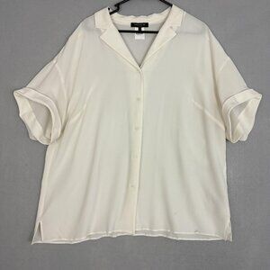 Lafayette 148 New York Shirt Womens 1X White Silk Button Front Rolled Sleeve